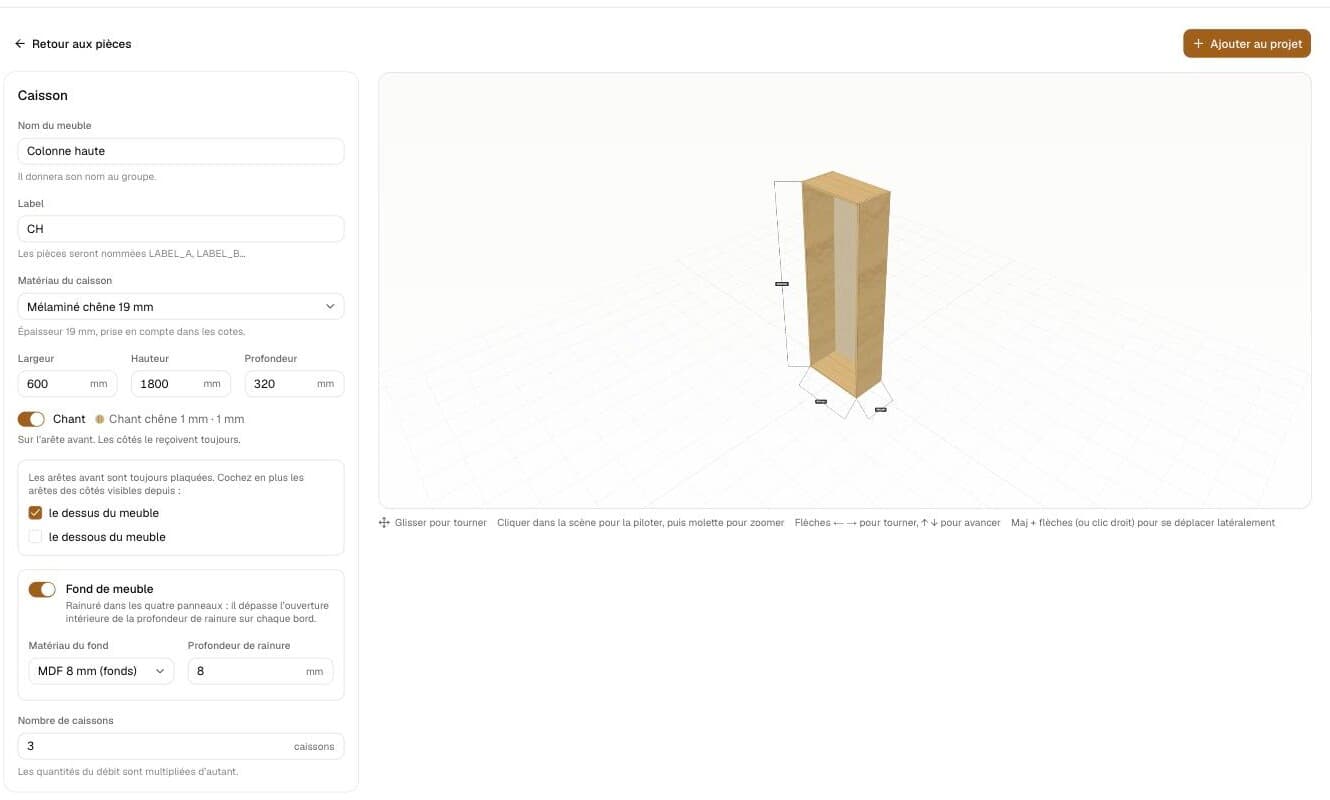 Le mode meuble : les cotes d’une colonne de 600 × 1800 × 320 à gauche, la colonne montée en 3D à droite, chant et fond compris.